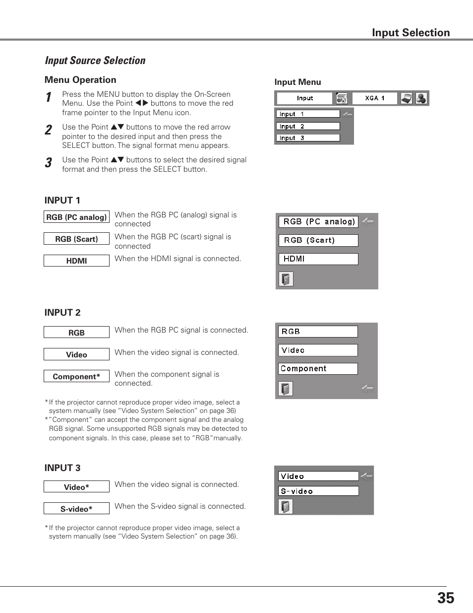 Input source selection, Input selection | Sanyo PLC WTC500AL User Manual | Page 35 / 89