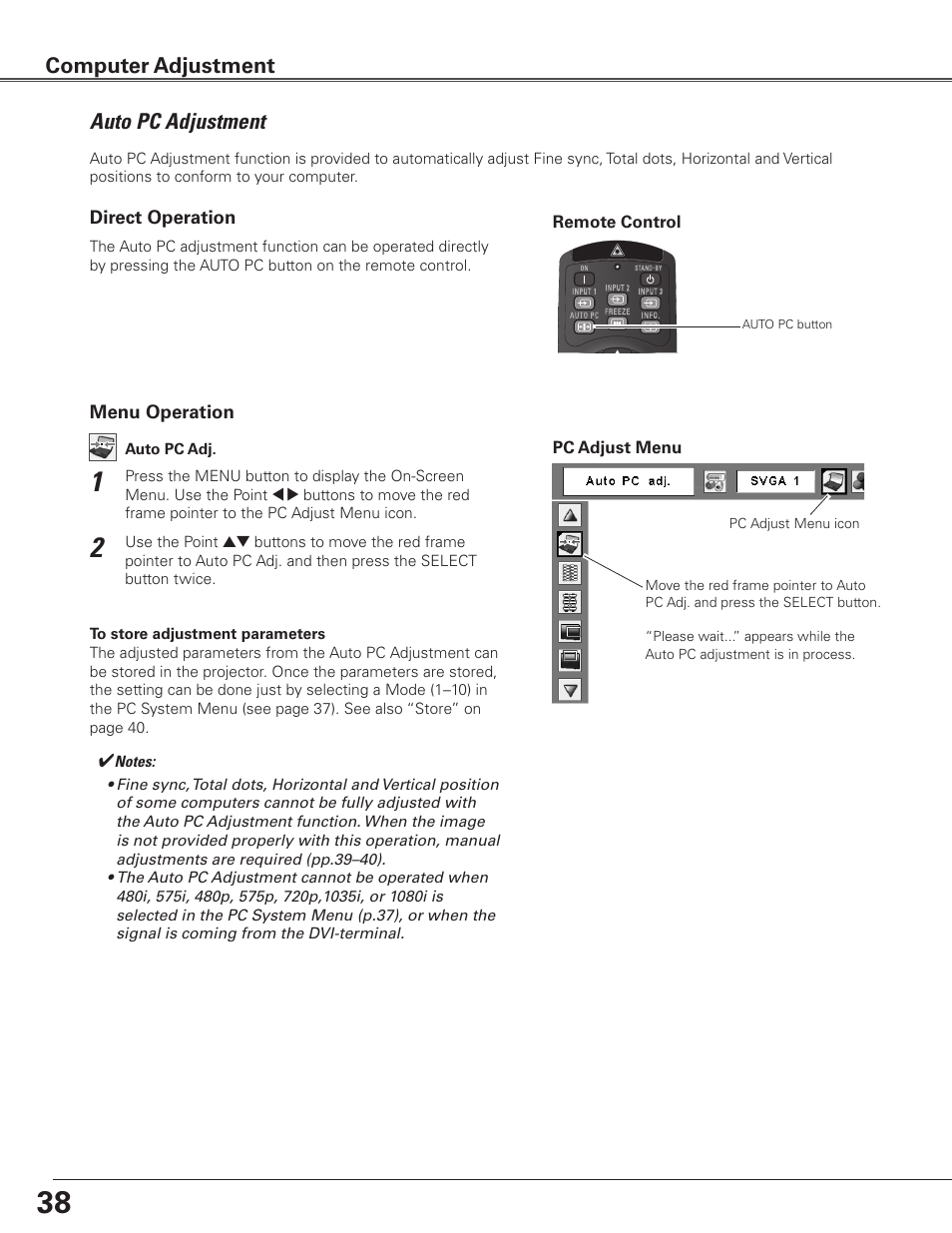 Auto pc adjustment, Computer adjustment | Sanyo PLC WTC500AL User Manual | Page 38 / 89