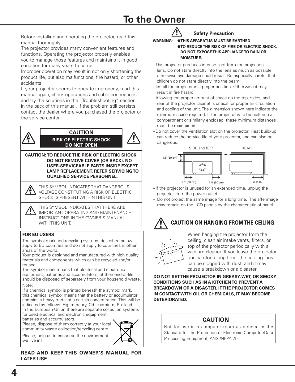 To the owner, Caution on hanging from the ceiling, Caution | Sanyo PLC WTC500AL User Manual | Page 4 / 89