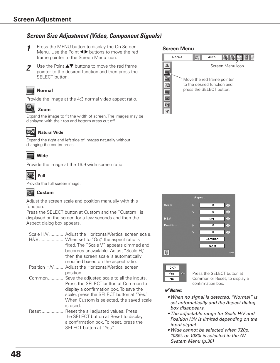 Screen size adjustment (video, component signals), Screen adjustment | Sanyo PLC WTC500AL User Manual | Page 48 / 89