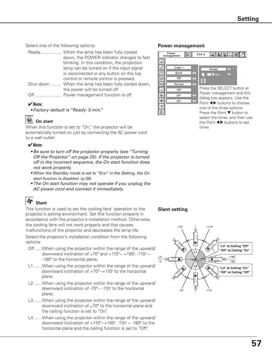 Setting, Power management, Slant setting | Sanyo PLC WTC500AL User Manual | Page 57 / 89