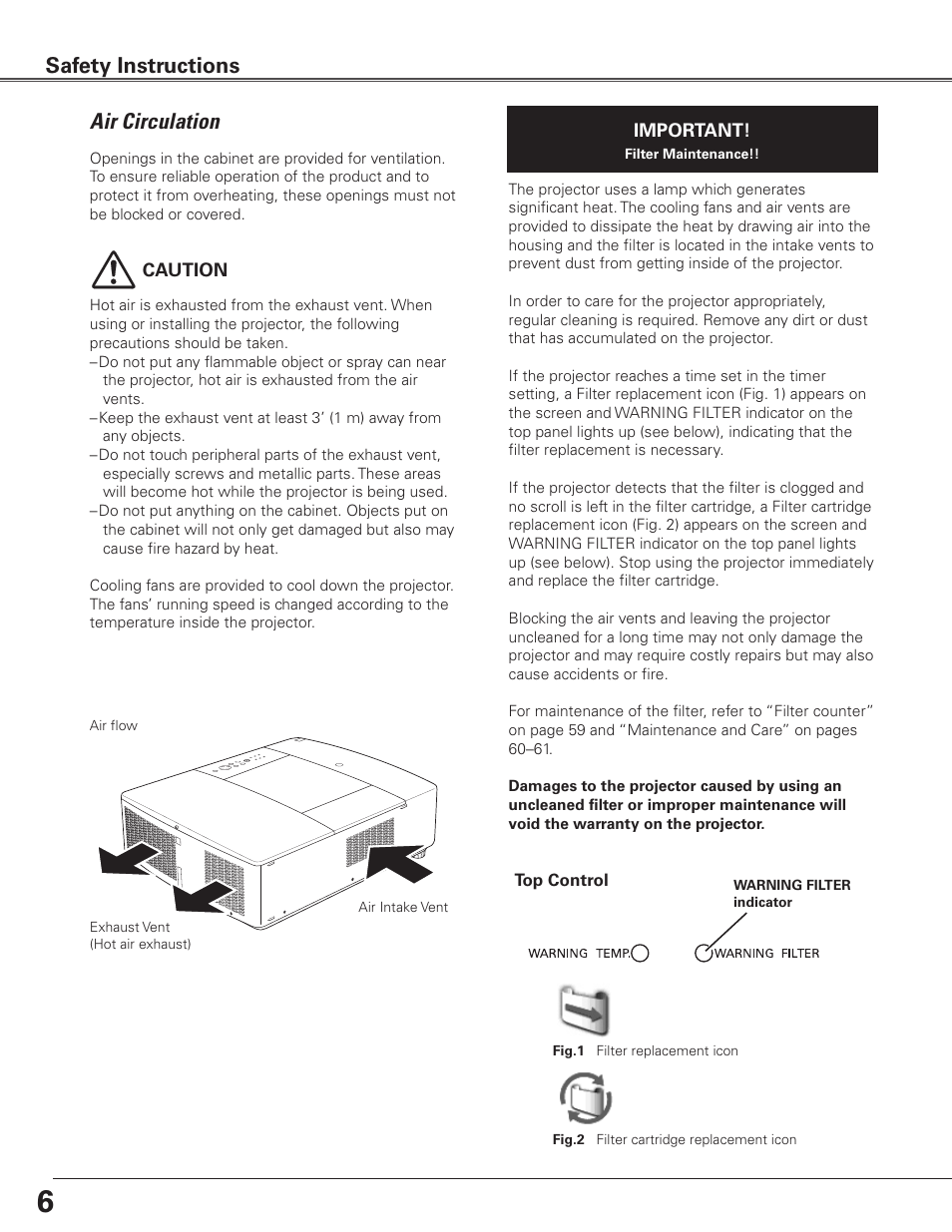 Air circulation, Safety instructions | Sanyo PLC WTC500AL User Manual | Page 6 / 89