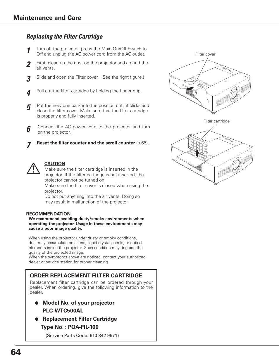 Replacing the filter cartridge, Maintenance and care | Sanyo PLC WTC500AL User Manual | Page 64 / 89