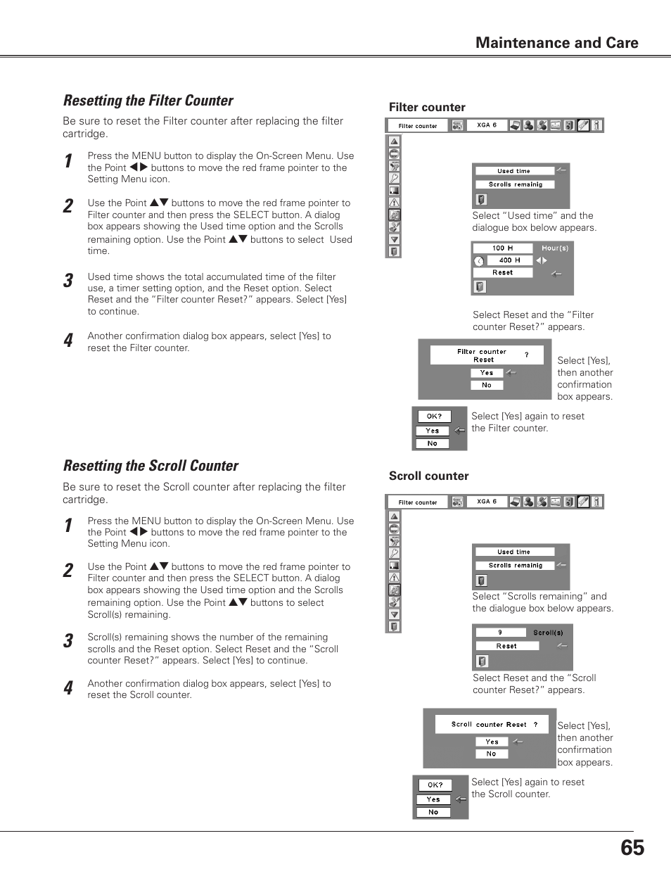 Resetting the filter counter, Resetting the scroll counter, Maintenance and care | Sanyo PLC WTC500AL User Manual | Page 65 / 89