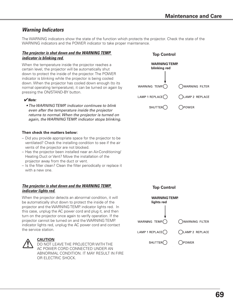 Warning indicators, Maintenance and care | Sanyo PLC WTC500AL User Manual | Page 69 / 89