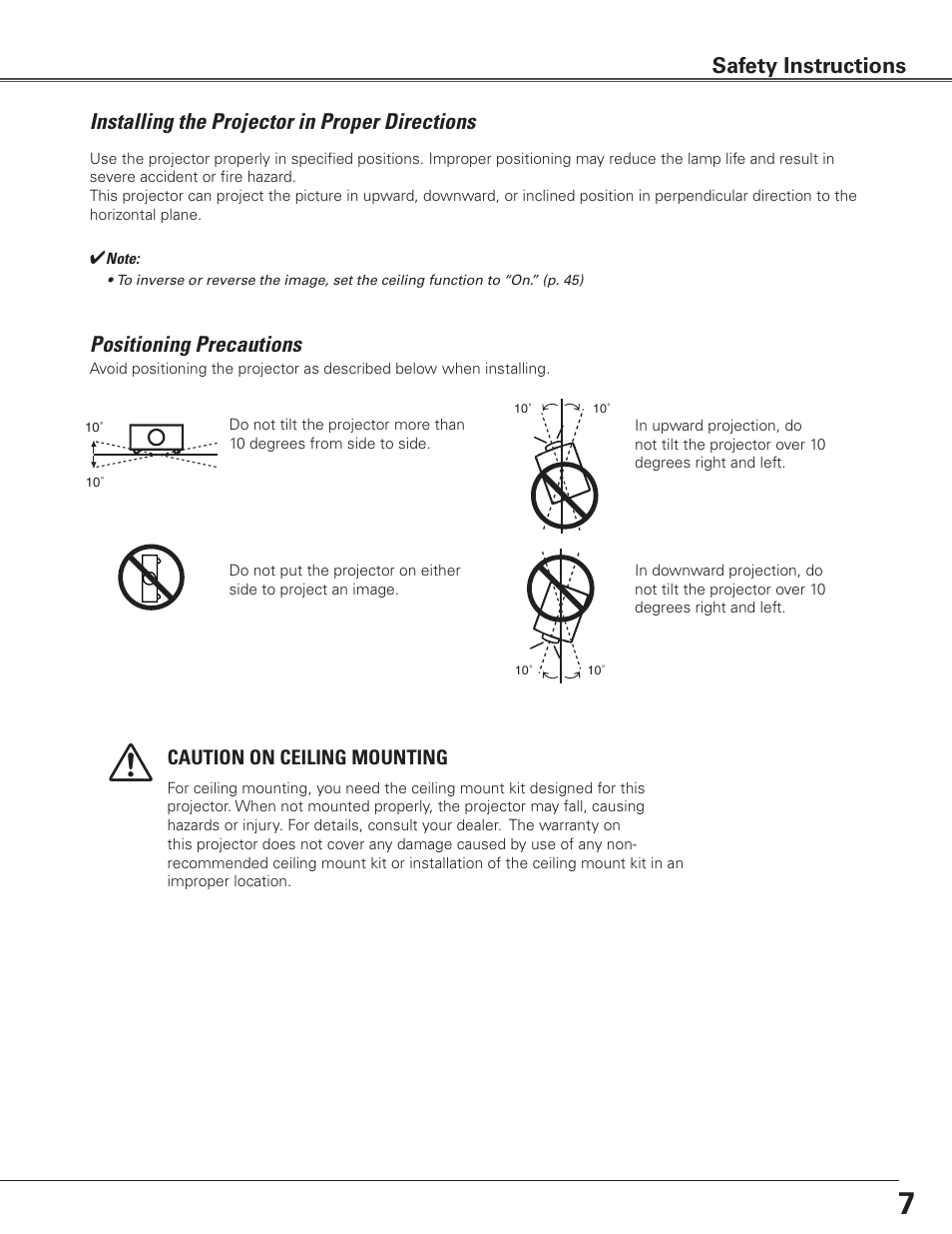 Installing the projector in proper directions, Positioning precautions, Safety instructions | Caution on ceiling mounting | Sanyo PLC WTC500AL User Manual | Page 7 / 89