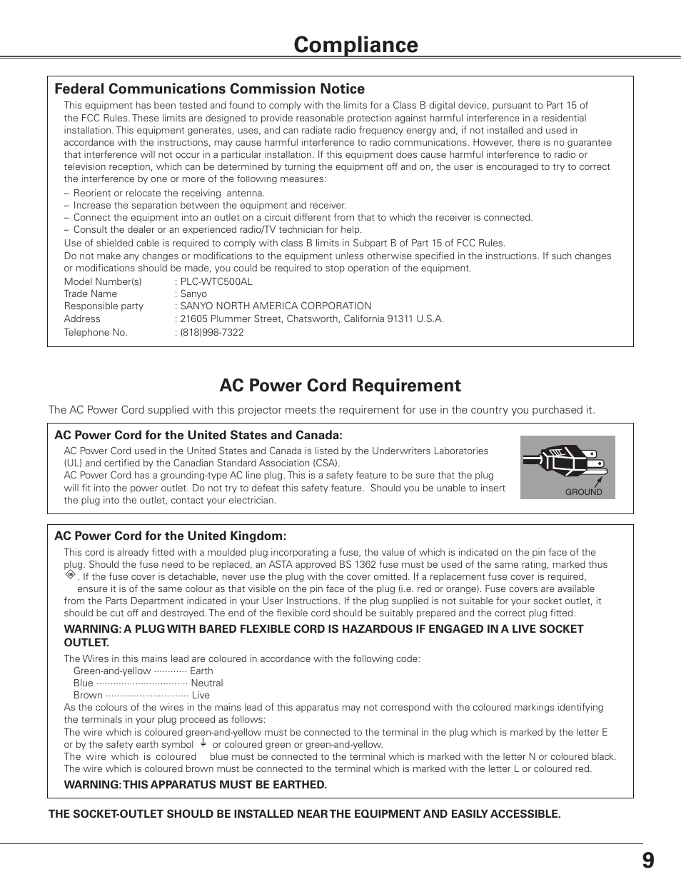 Compliance, Ac power cord requirement, Federal communications commission notice | Sanyo PLC WTC500AL User Manual | Page 9 / 89