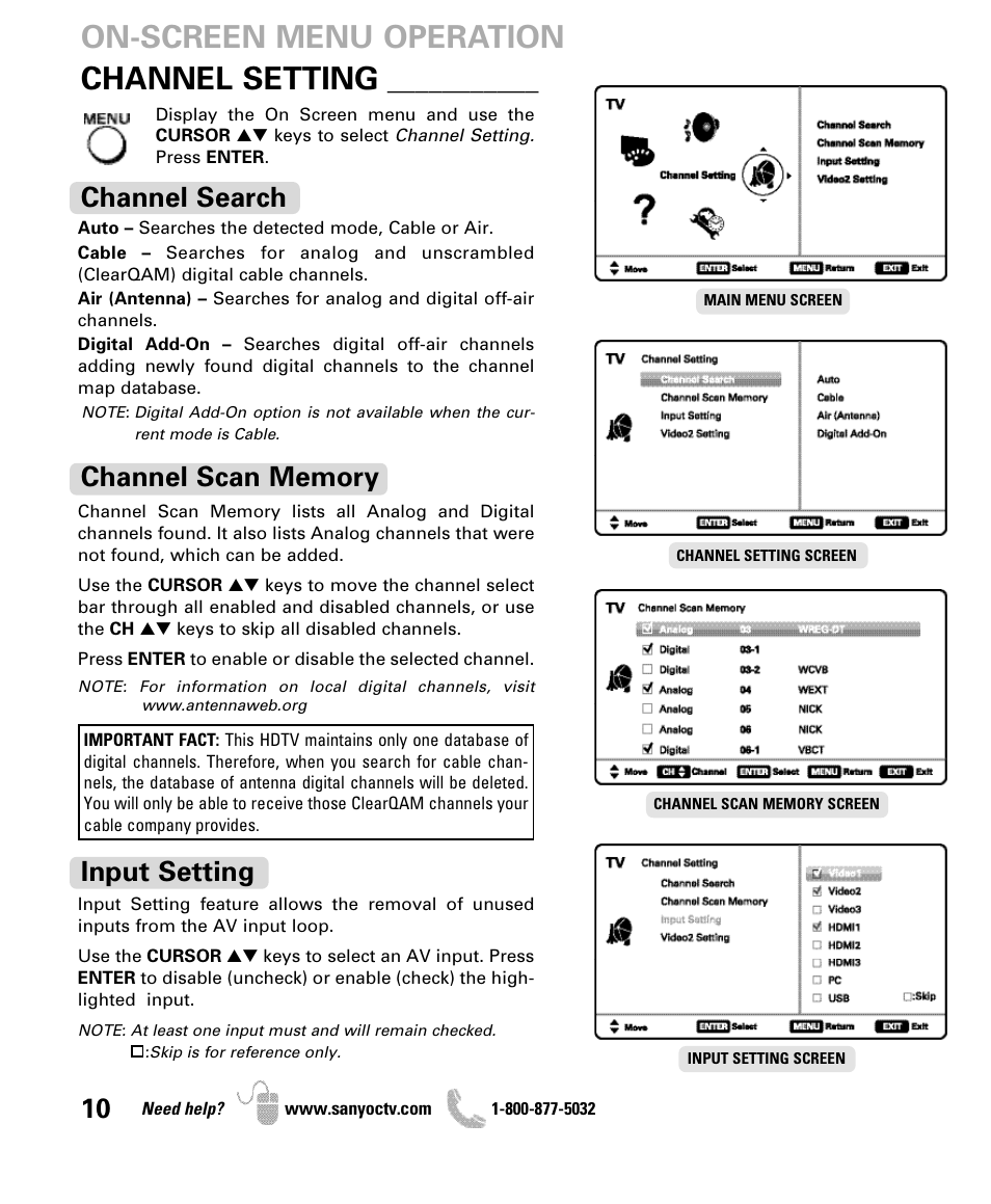 Channel setting, On-screen menu operation, Channel search | Input setting | Sanyo DP47840 User Manual | Page 10 / 56