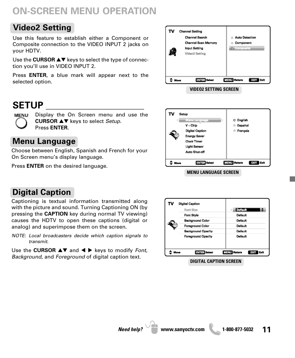 On-screen menu operation, Setup, Menu language digital caption | Video2 setting | Sanyo DP47840 User Manual | Page 11 / 56