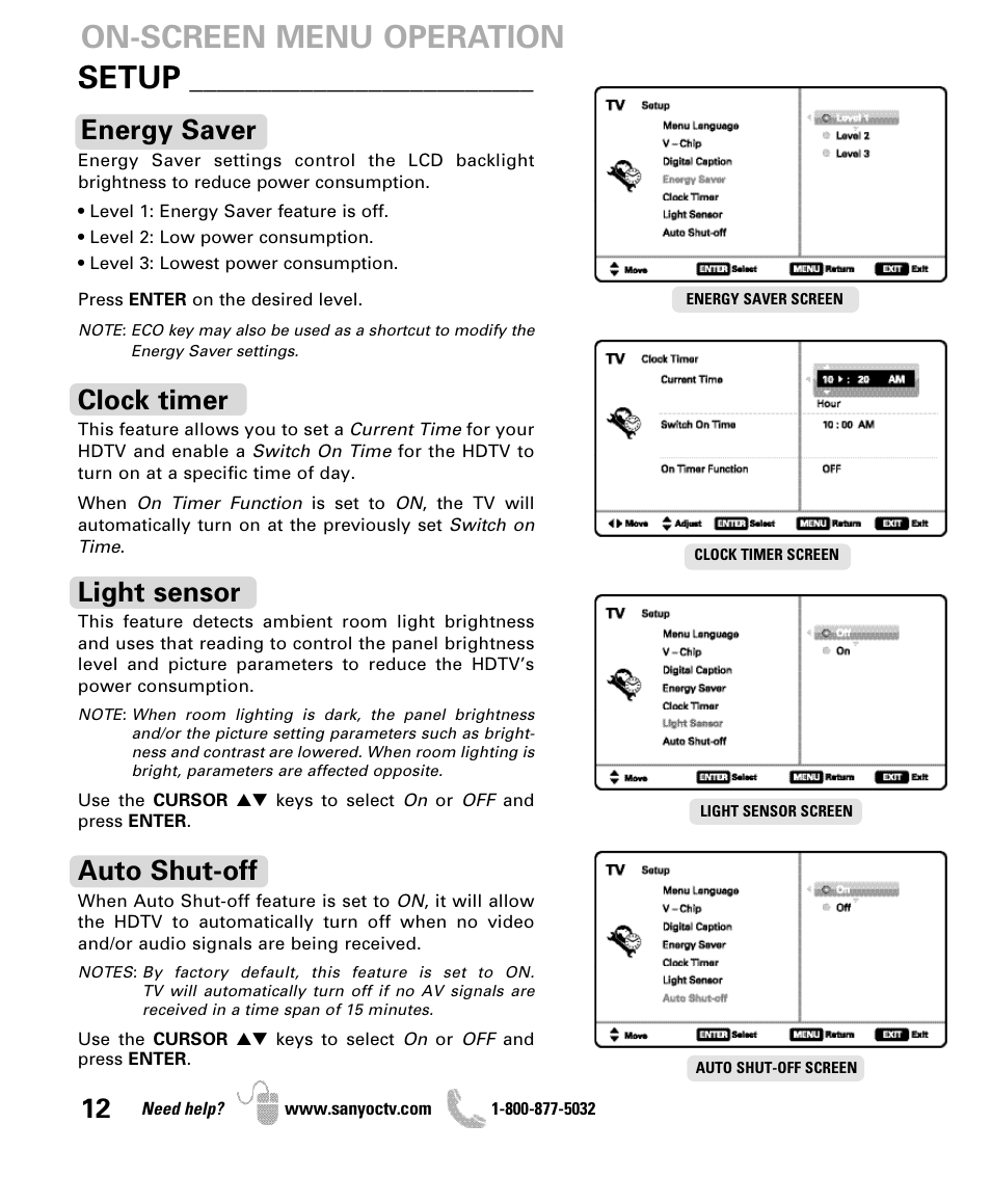 On-screen menu operation setup, Clock timer, Light sensor | Energy saver, Auto shut-off | Sanyo DP47840 User Manual | Page 12 / 56