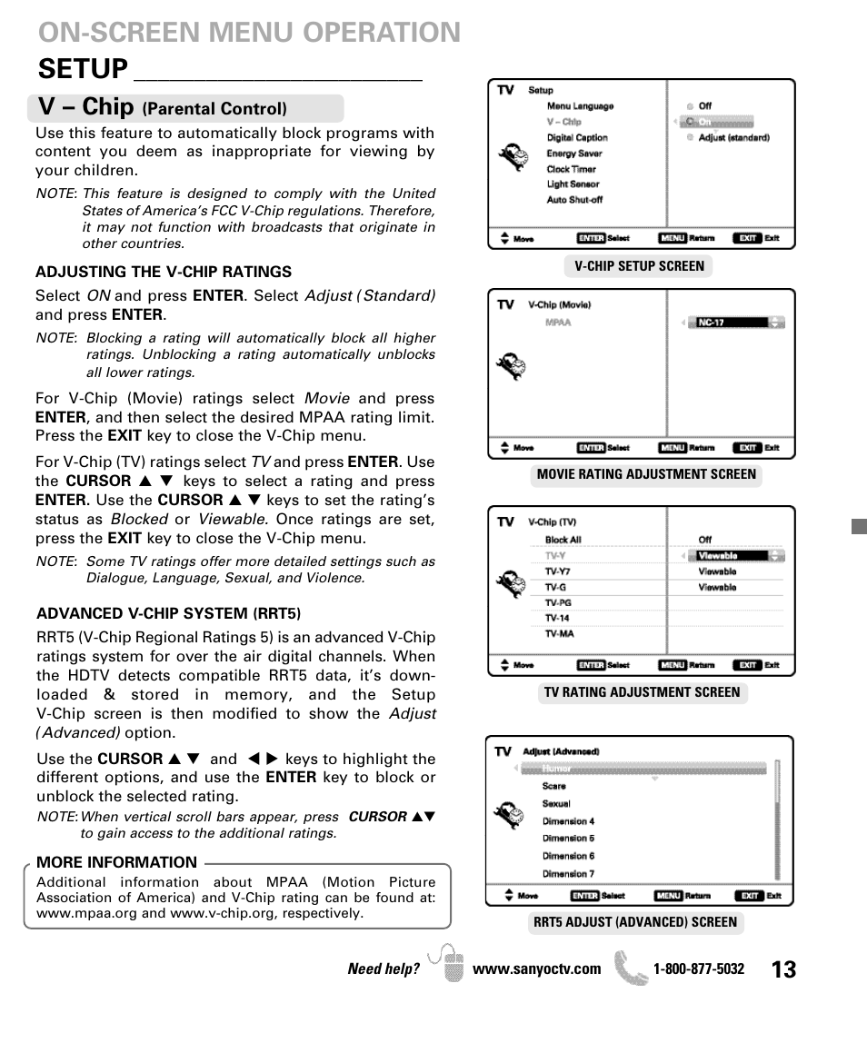 Setup, On-screen menu operation, V – chip | Sanyo DP47840 User Manual | Page 13 / 56