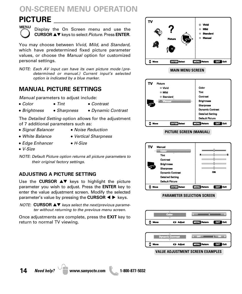 Manual picture settings | Sanyo DP47840 User Manual | Page 14 / 56