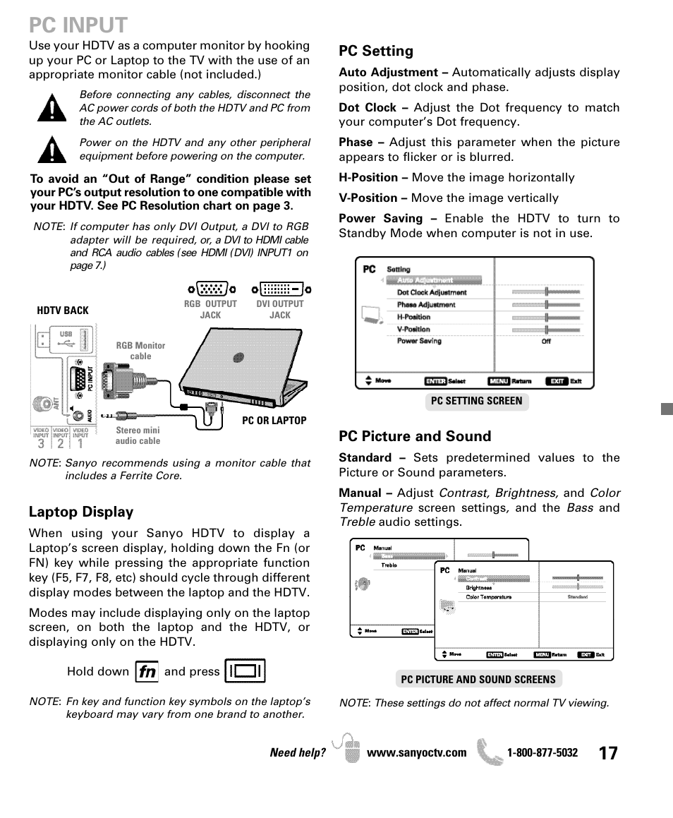 Pc input, Pc setting, Pc picture and sound | Laptop display | Sanyo DP47840 User Manual | Page 17 / 56