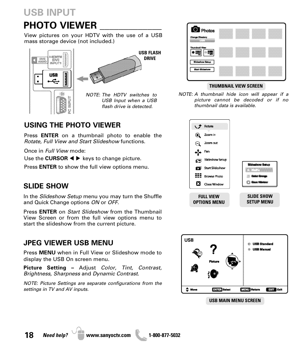 Photo viewer, Usb input, Using the photo viewer | Slide show, Jpeg viewer usb menu | Sanyo DP47840 User Manual | Page 18 / 56