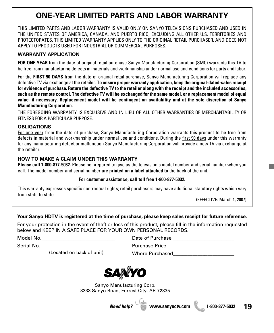 One-year limited parts and labor warranty | Sanyo DP47840 User Manual | Page 19 / 56