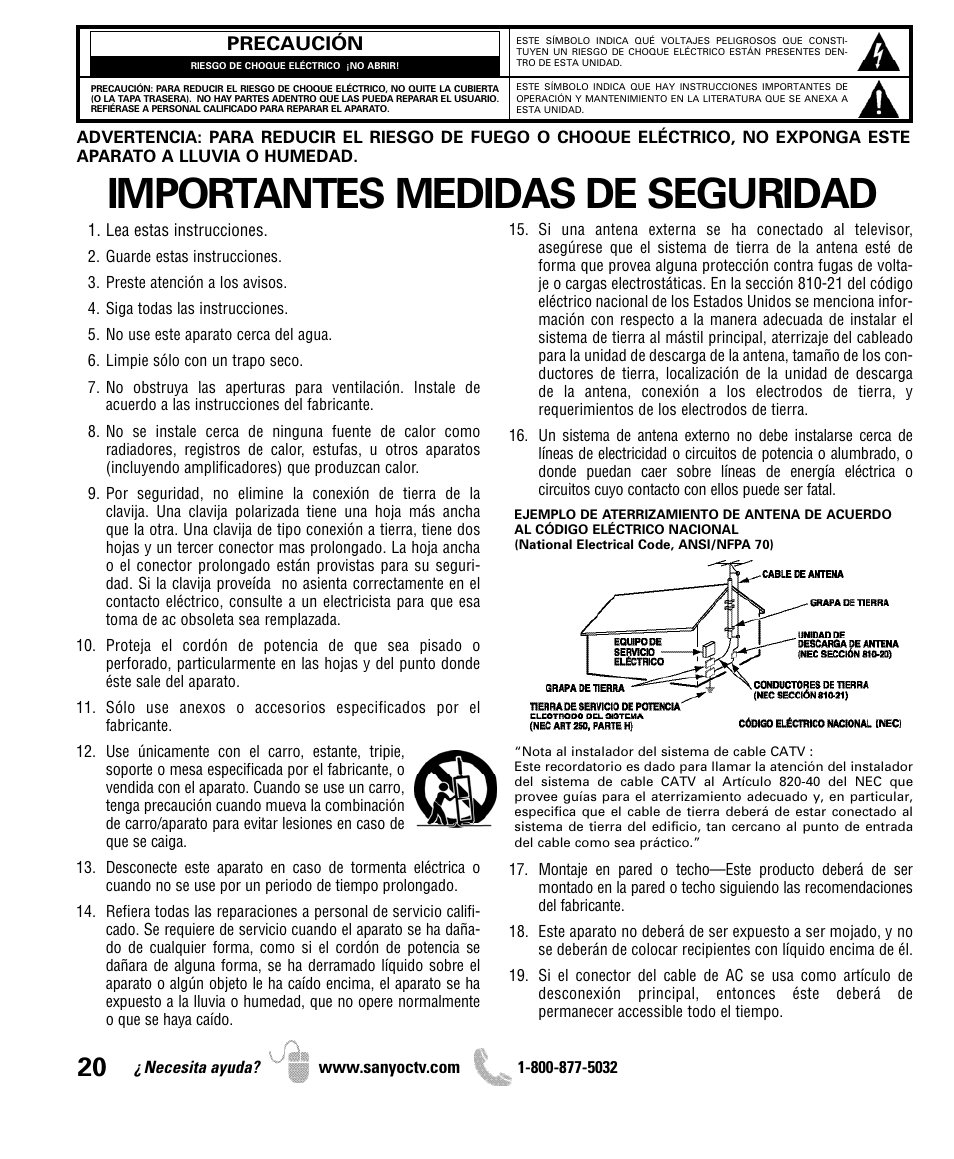 Importantes medidas de seguridad | Sanyo DP47840 User Manual | Page 20 / 56