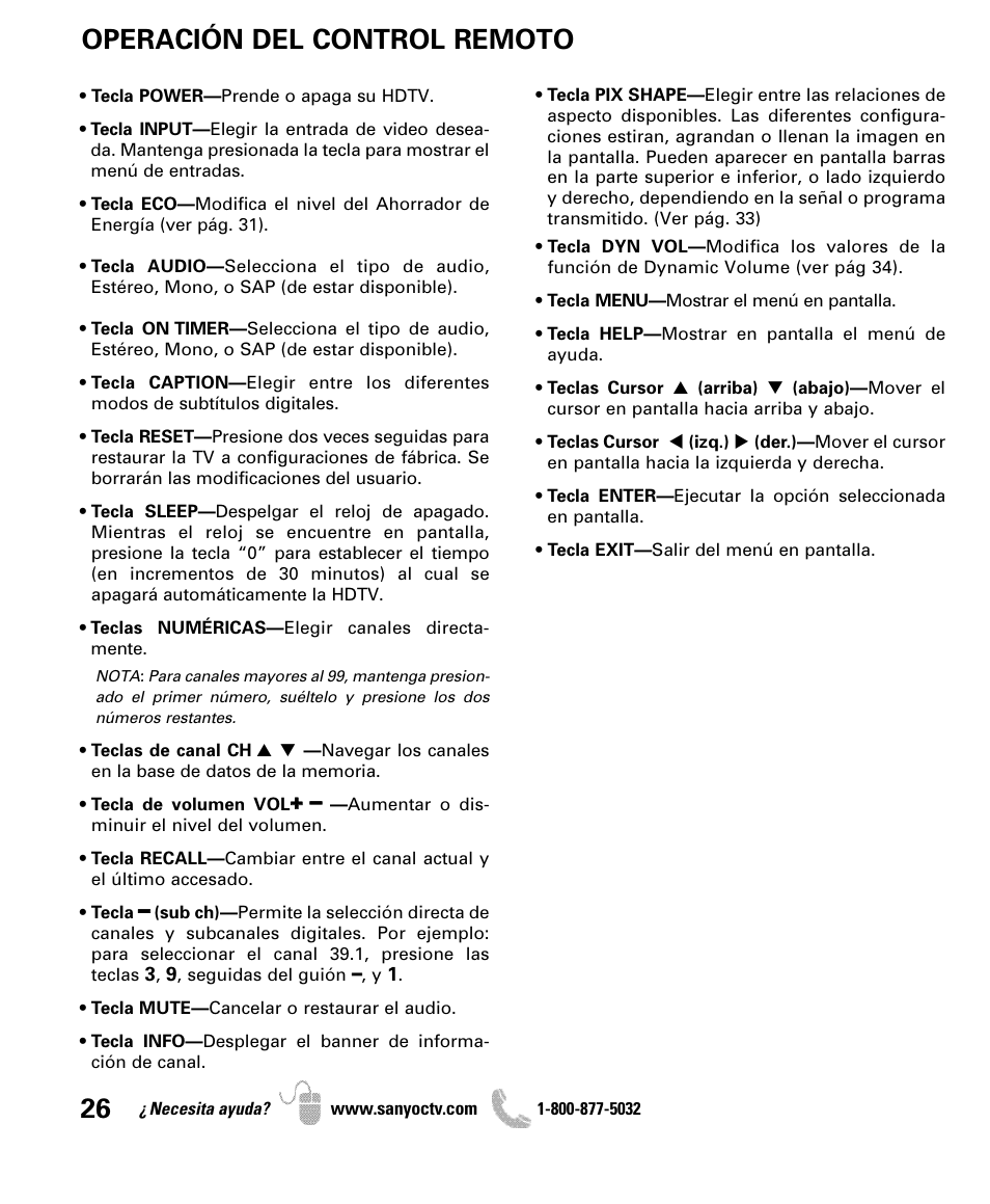 Operación del control remoto | Sanyo DP47840 User Manual | Page 26 / 56