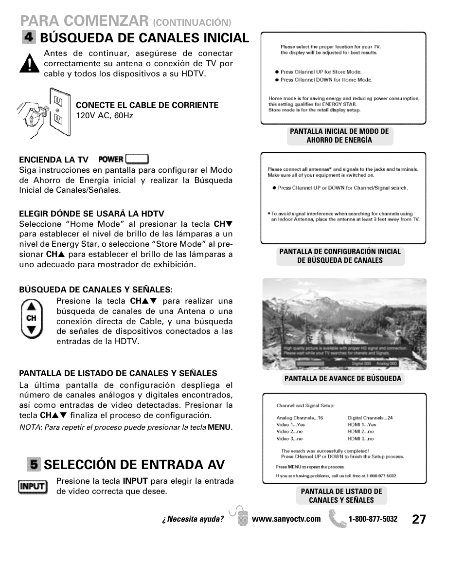 Para comenzar, Búsqueda de canales inicial, Selección de entrada av | Sanyo DP47840 User Manual | Page 27 / 56