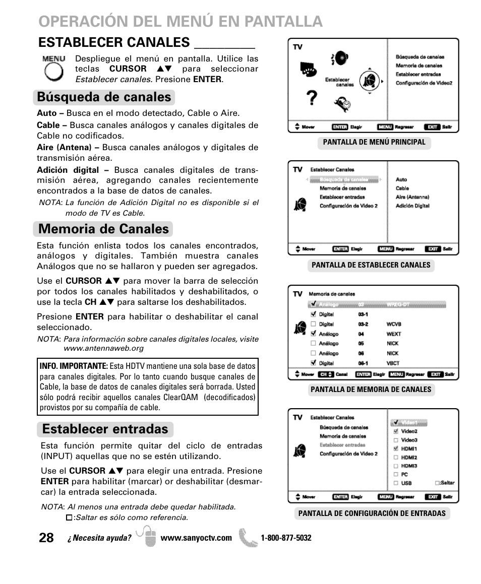 Operación del menú en pantalla, Establecer canales, Búsqueda de canales | Establecer entradas | Sanyo DP47840 User Manual | Page 28 / 56
