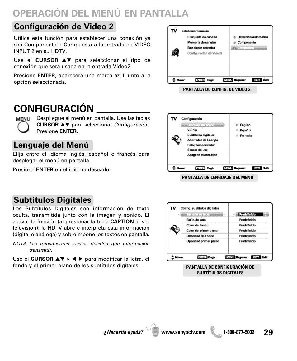 Operación del menú en pantalla, Configuración, Lenguaje del menú subtítulos digitales | Configuración de video 2 | Sanyo DP47840 User Manual | Page 29 / 56