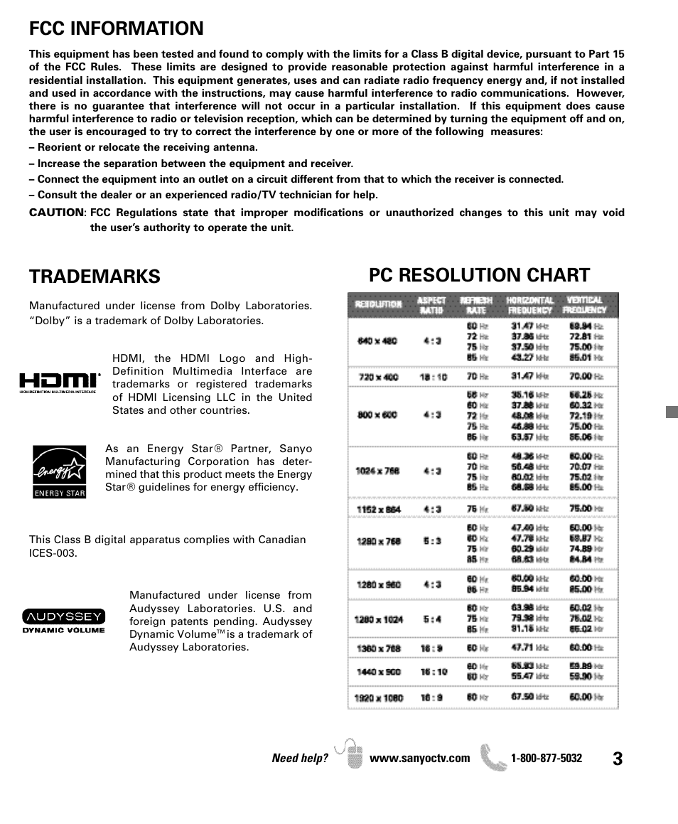 Pc resolution chart 3, Fcc information, Trademarks | Sanyo DP47840 User Manual | Page 3 / 56