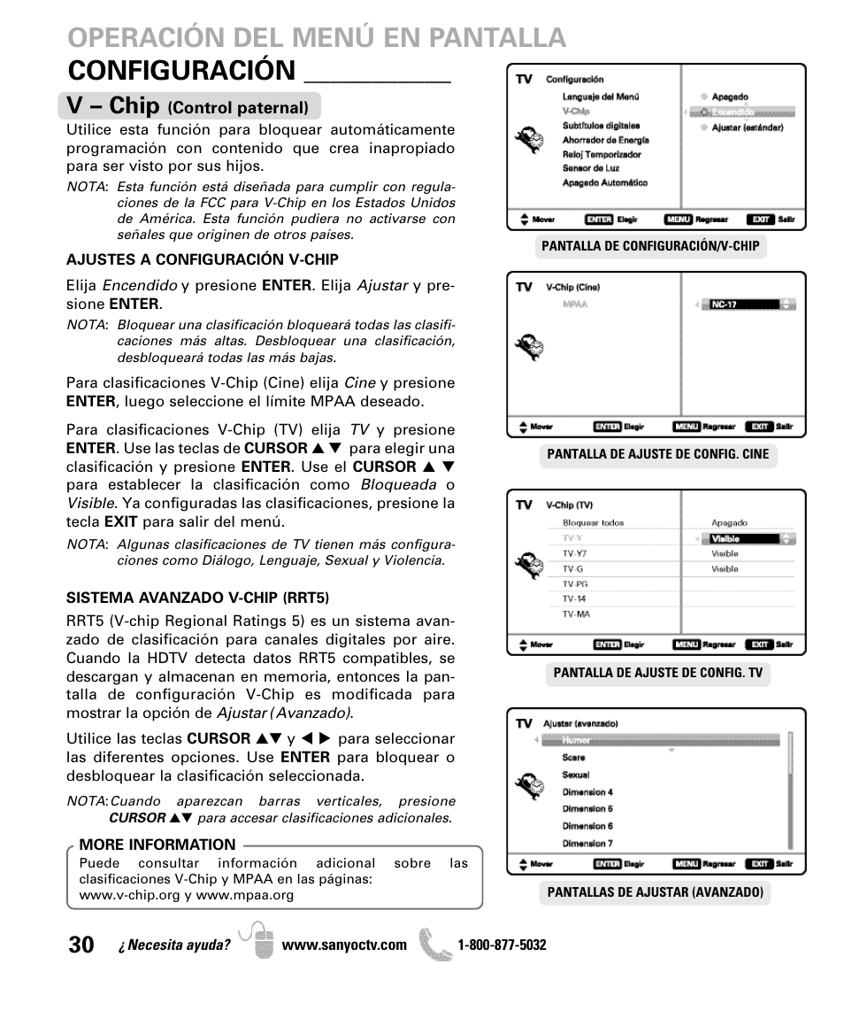 Configuración, Operación del menú en pantalla, V – chip | Sanyo DP47840 User Manual | Page 30 / 56