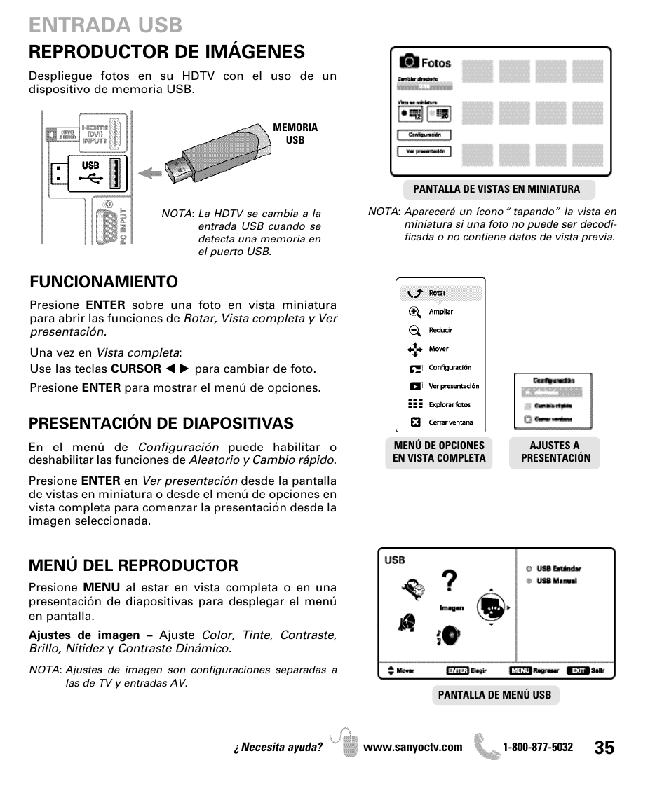 Entrada usb, Reproductor de imágenes, Funcionamiento | Presentación de diapositivas, Menú del reproductor | Sanyo DP47840 User Manual | Page 35 / 56