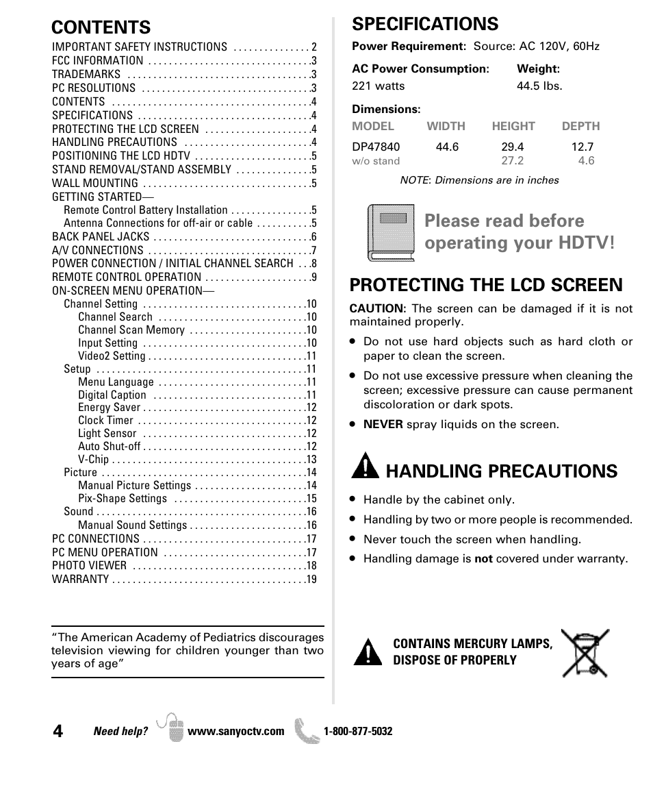 Sanyo DP47840 User Manual | Page 4 / 56