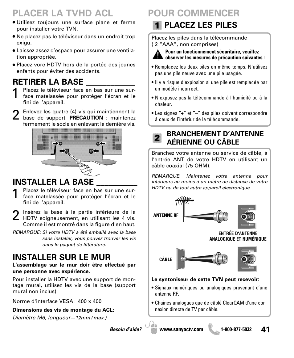 Pour commencer placer la tvhd acl, Placez les piles, Installer sur le mur ______ retirer la base | Installer la base | Sanyo DP47840 User Manual | Page 41 / 56