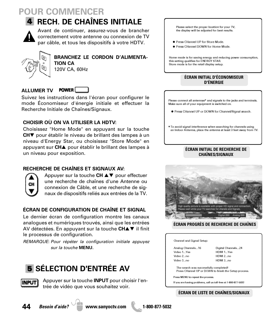 Pour commencer, Rech. de chaînes initiale, Sélection d'entrée av | Sanyo DP47840 User Manual | Page 44 / 56