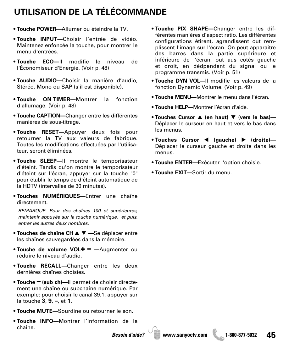 Utilisation de la télécommande | Sanyo DP47840 User Manual | Page 45 / 56