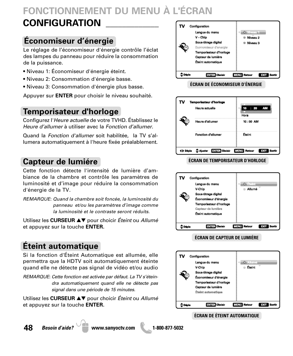 Fonctionnement du menu à l'écran configuration, Temporisateur d'horloge, Capteur de lumiére | Économiseur d’énergie, Éteint automatique | Sanyo DP47840 User Manual | Page 48 / 56