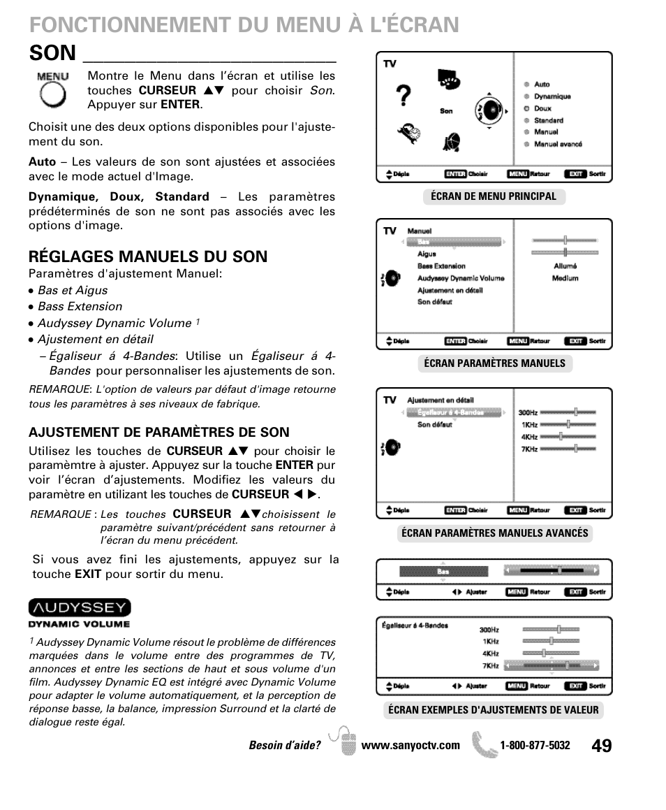 Fonctionnement du menu à l'écran, Réglages manuels du son | Sanyo DP47840 User Manual | Page 49 / 56