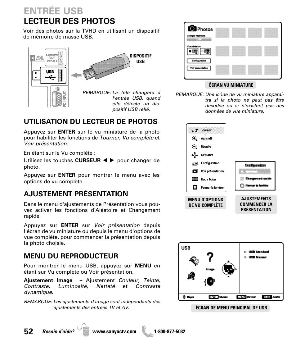 Entrée usb, Lecteur des photos, Utilisation du lecteur de photos | Ajustement présentation, Menu du reproducteur | Sanyo DP47840 User Manual | Page 52 / 56