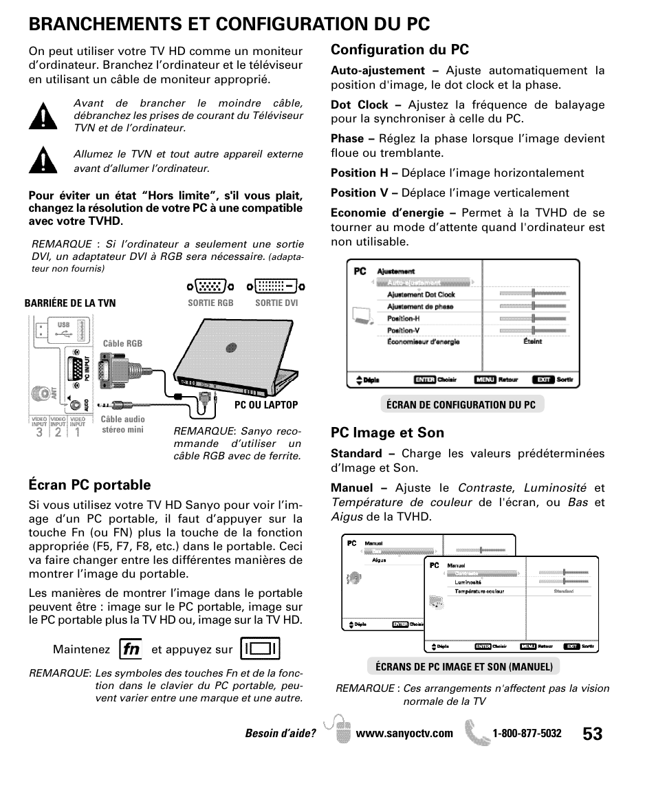 Branchements et configuration du pc, Configuration du pc, Pc image et son | Écran pc portable | Sanyo DP47840 User Manual | Page 53 / 56