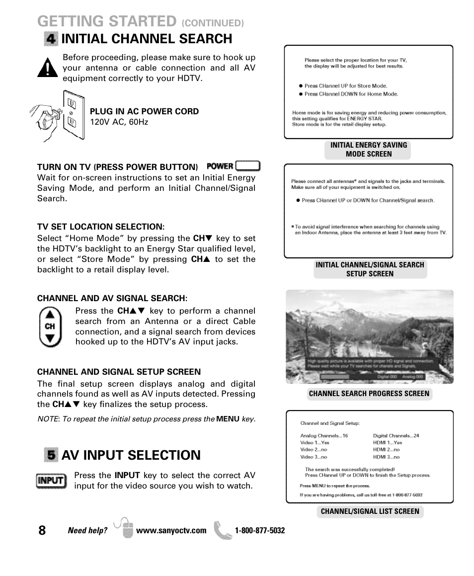 Getting started, Initial channel search, Av input selection | Sanyo DP47840 User Manual | Page 8 / 56