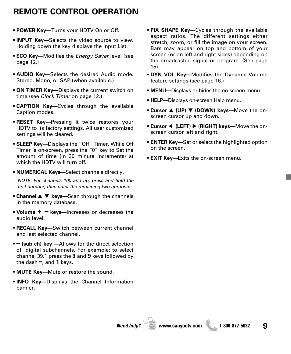 Remote control operation | Sanyo DP47840 User Manual | Page 9 / 56