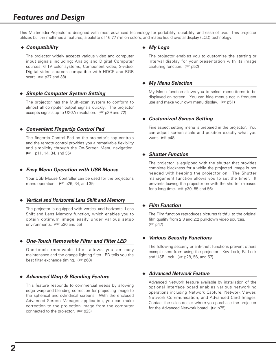 Features and design | Sanyo PLC-EF60 User Manual | Page 2 / 84
