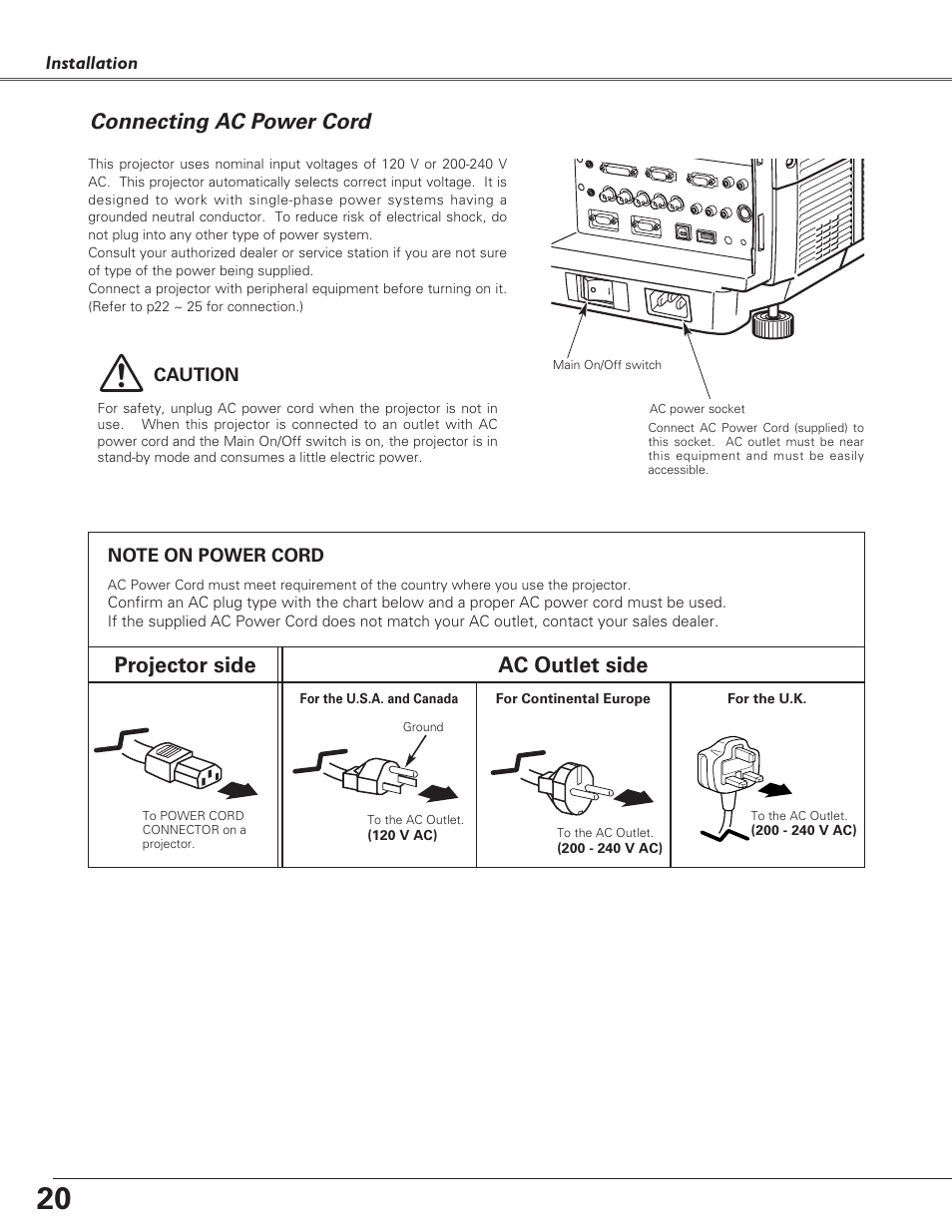 Connecting ac power cord, Projector side ac outlet side | Sanyo PLC-EF60 User Manual | Page 20 / 84