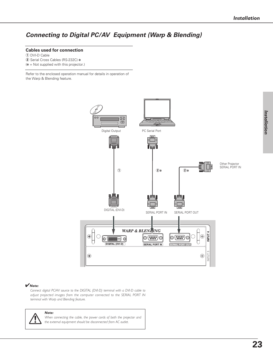 Connecting to digital pc/av, Connecting to digital pc/av equipment, Installation | Sanyo PLC-EF60 User Manual | Page 23 / 84