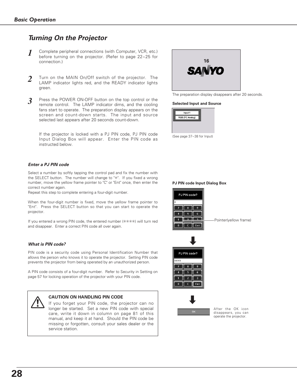 Turning on the projector | Sanyo PLC-EF60 User Manual | Page 28 / 84