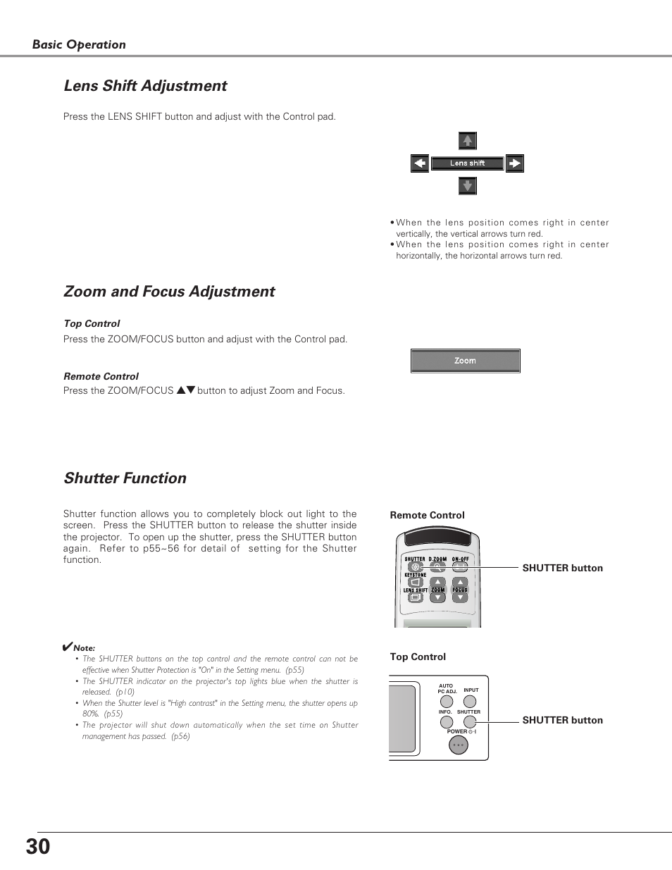 Lens shift adjustment, Zoom and focus adjustment, Shutter function | Zoom and focus adjustment lens shift adjustment, Basic operation | Sanyo PLC-EF60 User Manual | Page 30 / 84