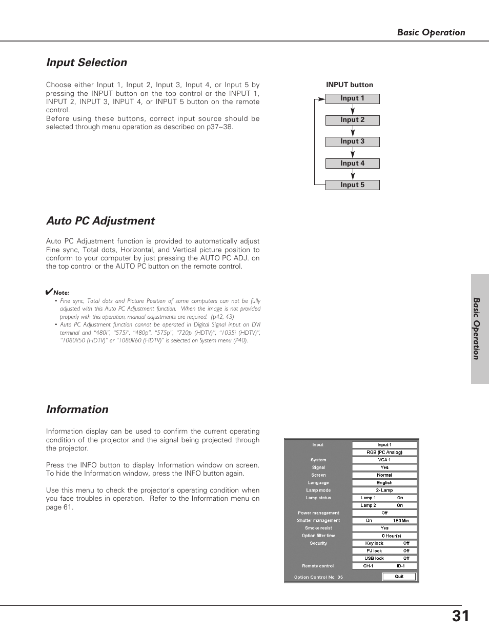 Input selection, Auto pc adjustment, Information | Auto pc adjustment input selection | Sanyo PLC-EF60 User Manual | Page 31 / 84