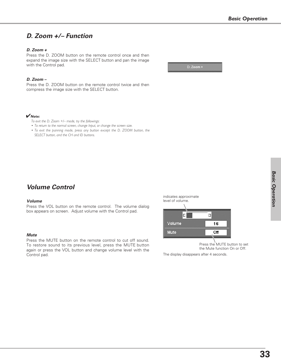 D. zoom +/ﾐ function, Volume control, D. zoom +/– function | Sanyo PLC-EF60 User Manual | Page 33 / 84