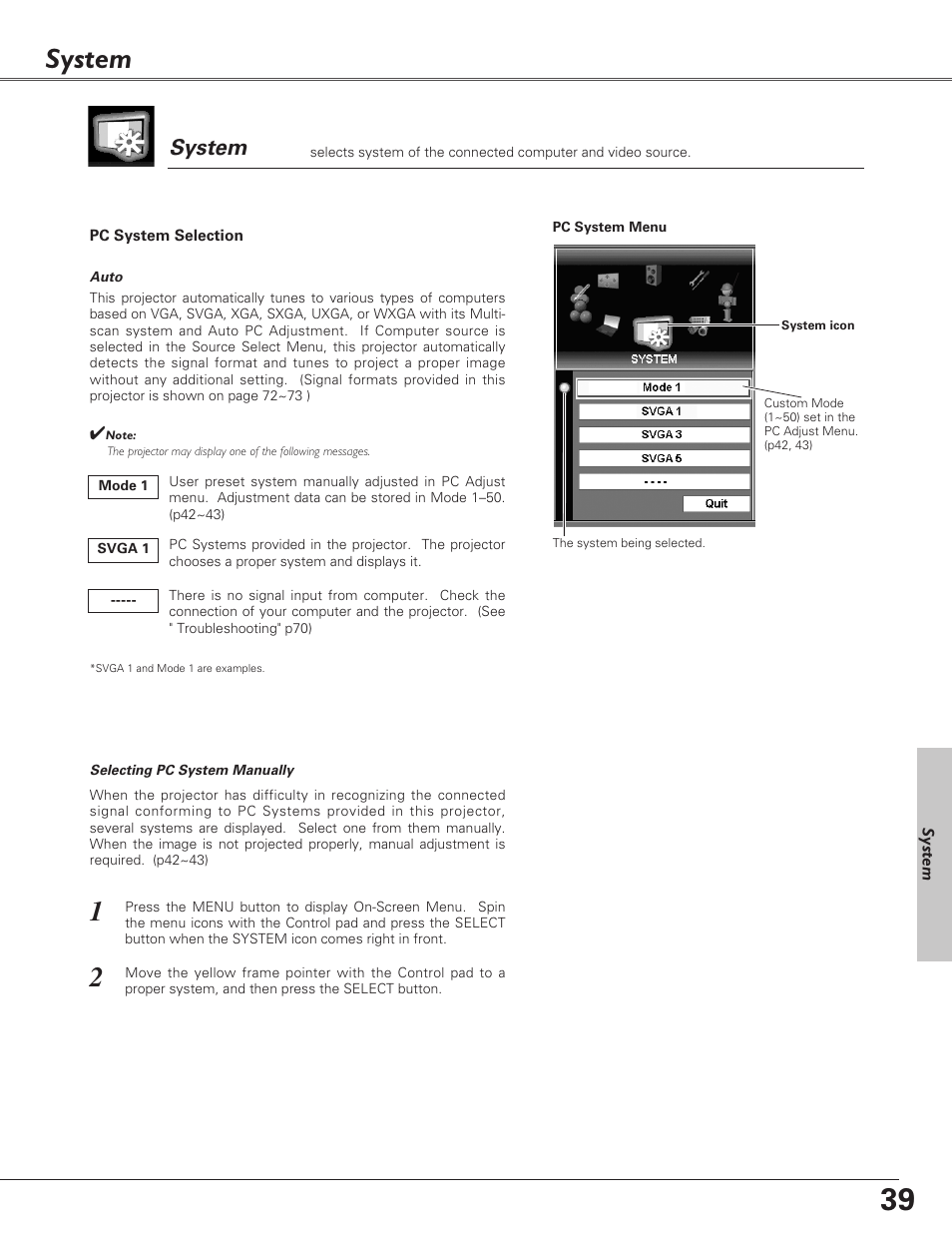 System, Pc system selection | Sanyo PLC-EF60 User Manual | Page 39 / 84