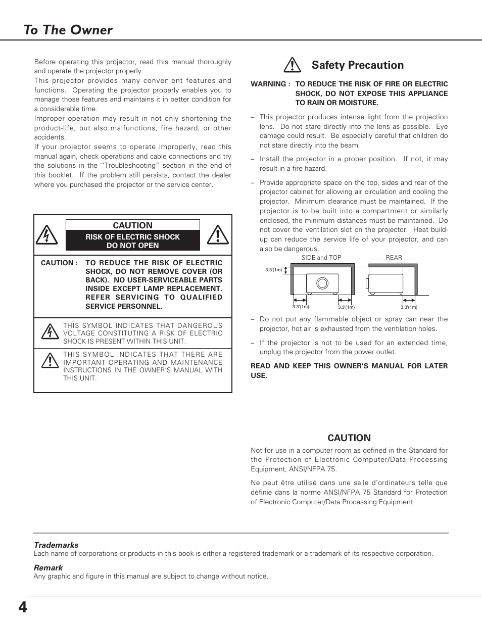 To the owner, Safety precaution | Sanyo PLC-EF60 User Manual | Page 4 / 84