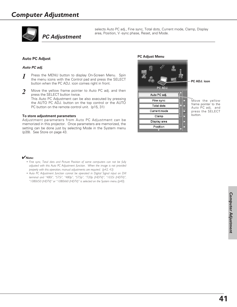 Computer adjustment, Pc adjustment, Auto pc adjust | Sanyo PLC-EF60 User Manual | Page 41 / 84