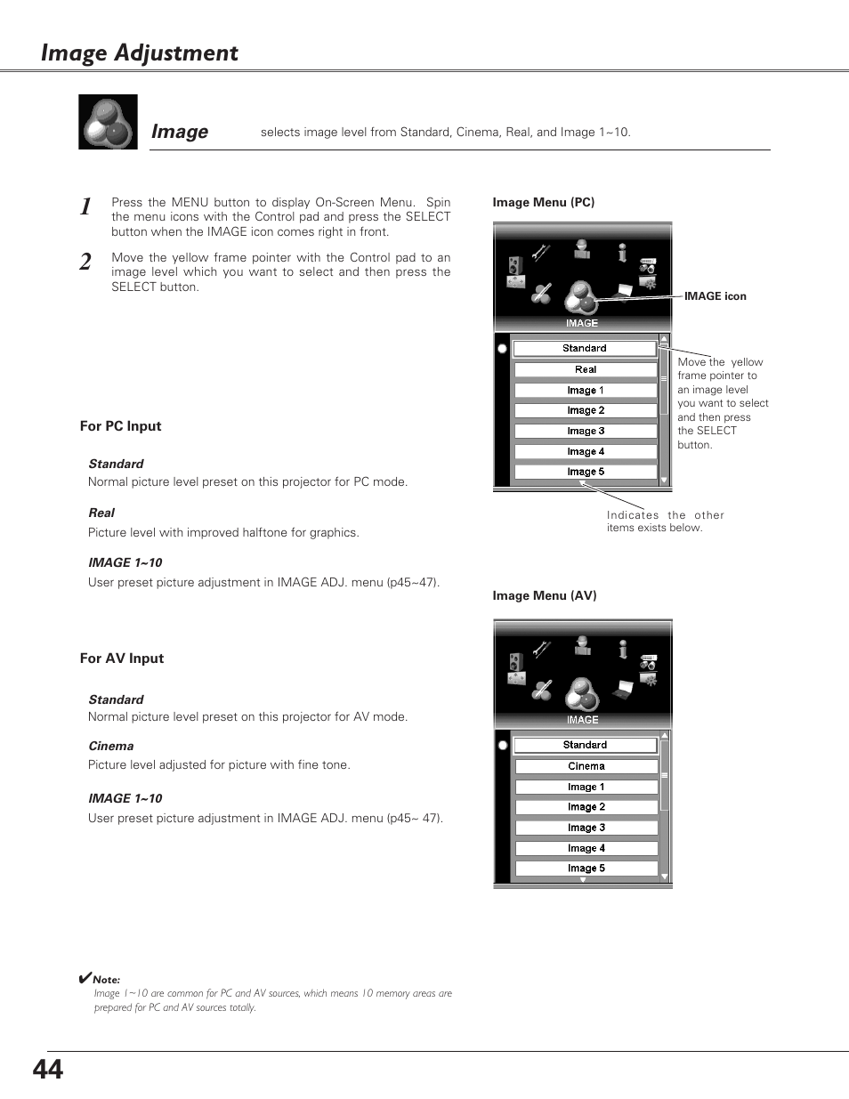 Image adjustment, Image | Sanyo PLC-EF60 User Manual | Page 44 / 84