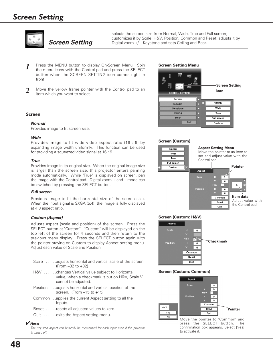 Screen setting | Sanyo PLC-EF60 User Manual | Page 48 / 84