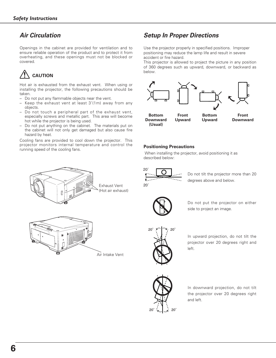 Air circulation, Setup in proper directions | Sanyo PLC-EF60 User Manual | Page 6 / 84